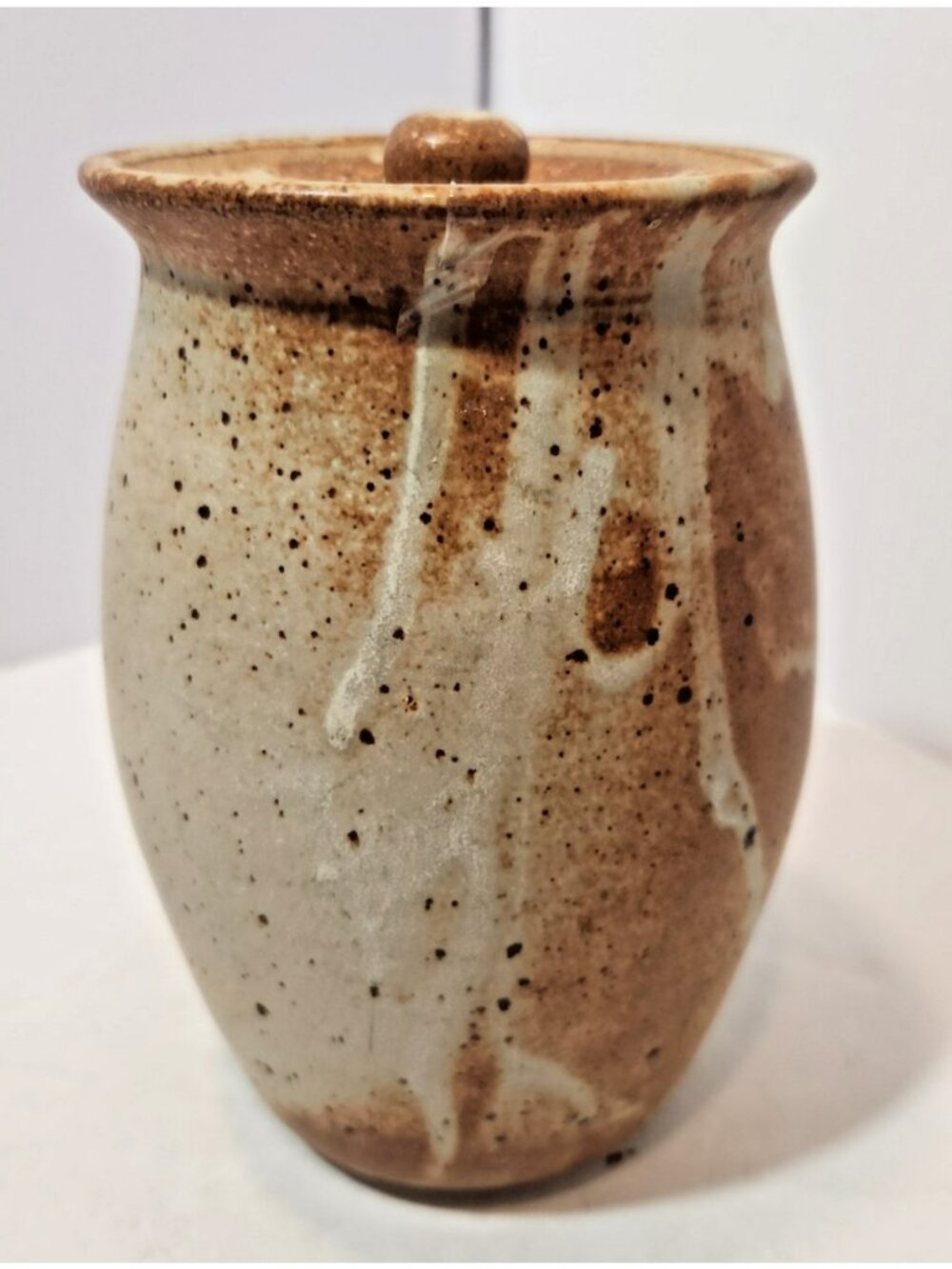 Vintage Pottery Tan Speckled Stoneware Jar with Lid 7" Tall Signed Rustic